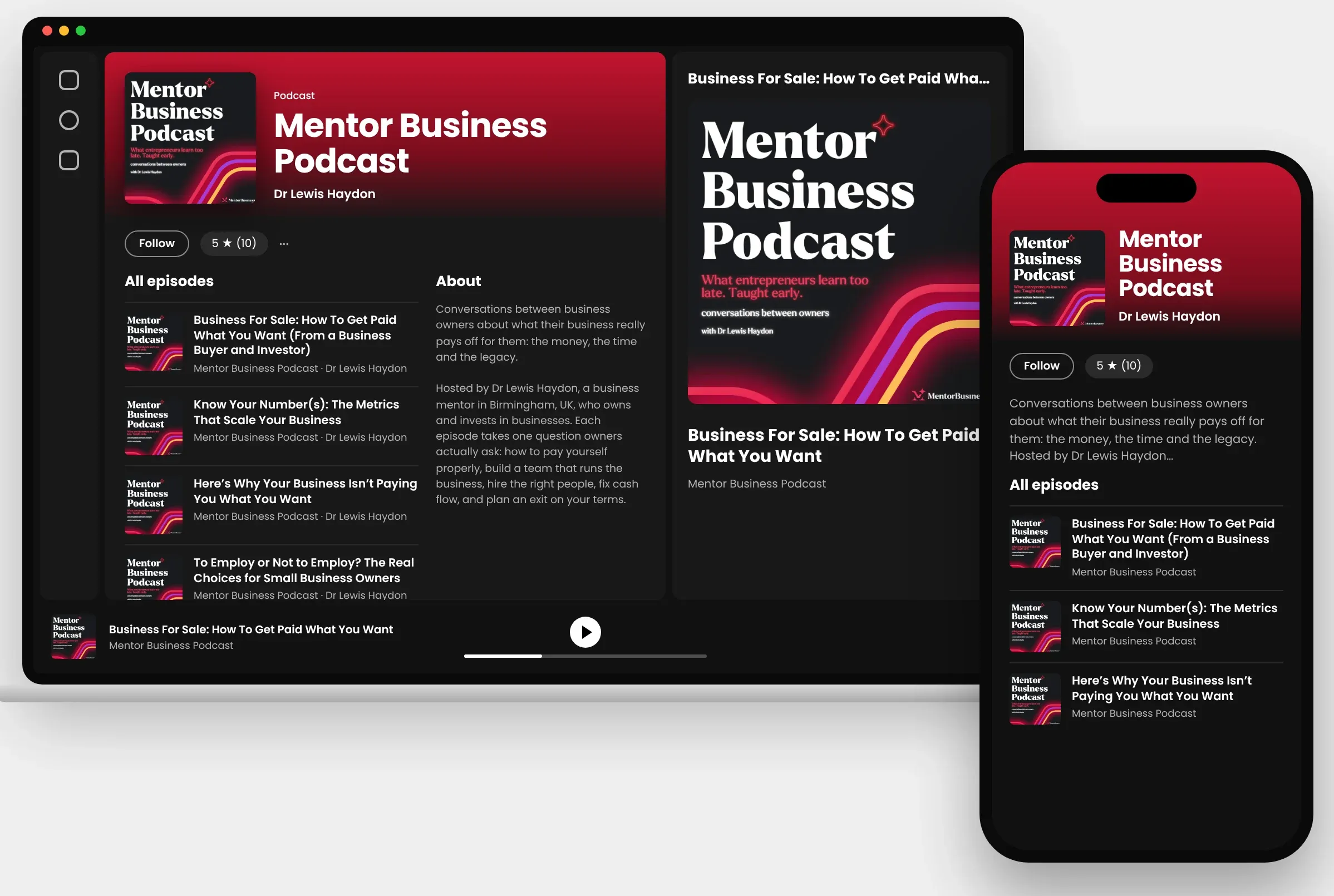 The Mentor Business Podcast with Dr Lewis Haydon, shown on a laptop and a phone