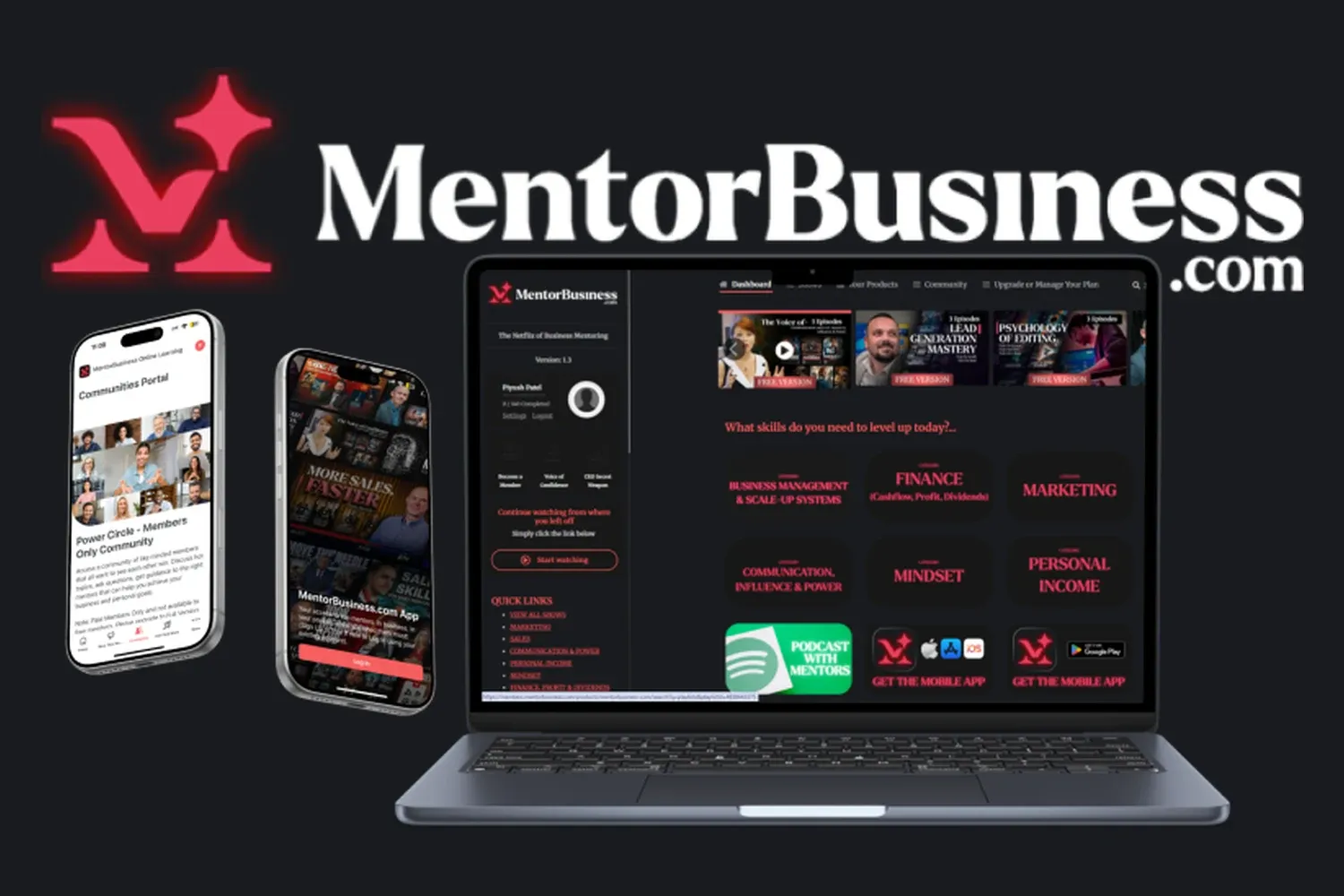 MentorBusiness.com on a laptop and two phones: the members dashboard, the mobile app and the members community