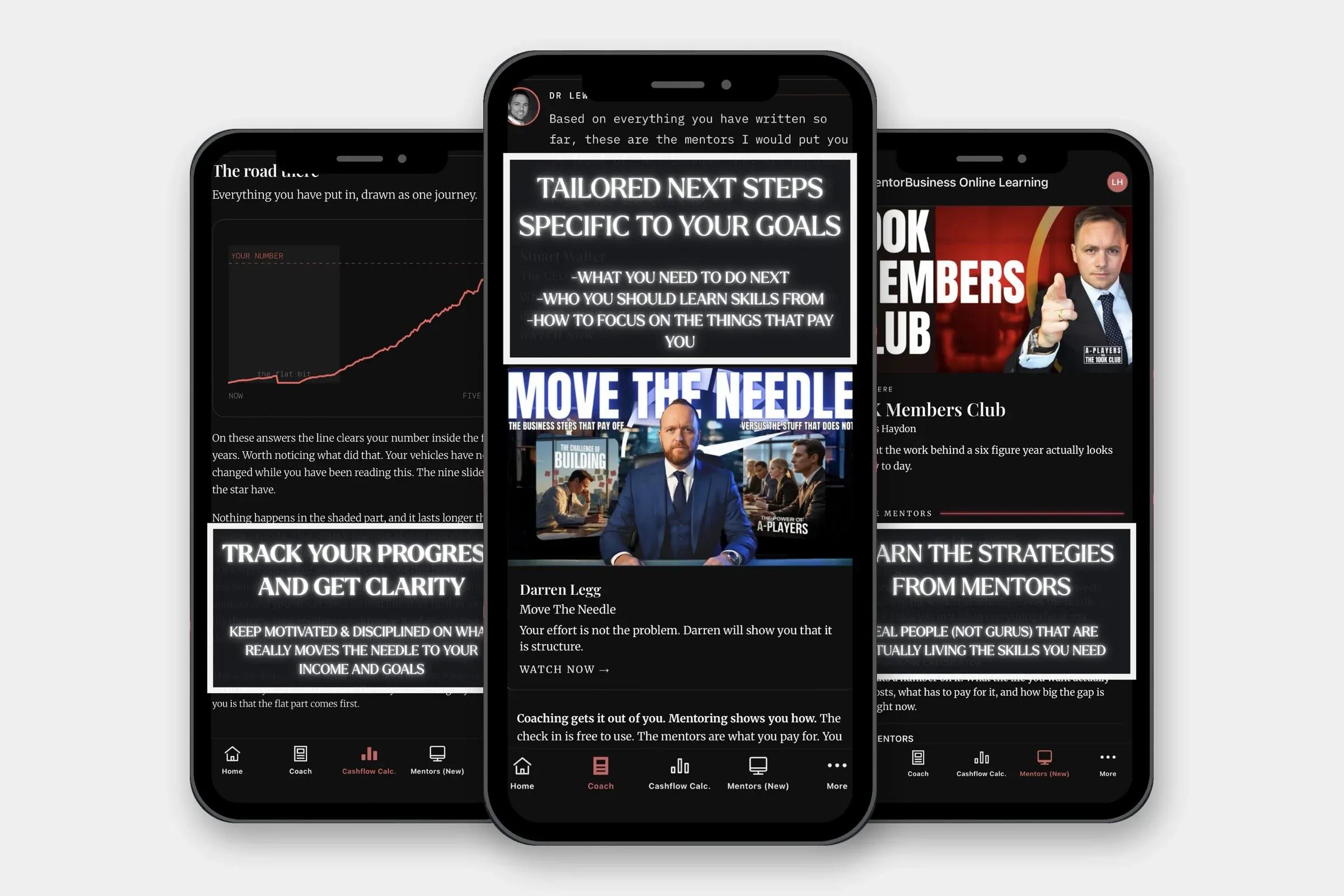 The PocketCoach.ai Business Mentor app on three phones: a progress chart, tailored next steps from the mentors, and Dr Lewis Haydon's 100K Members Club